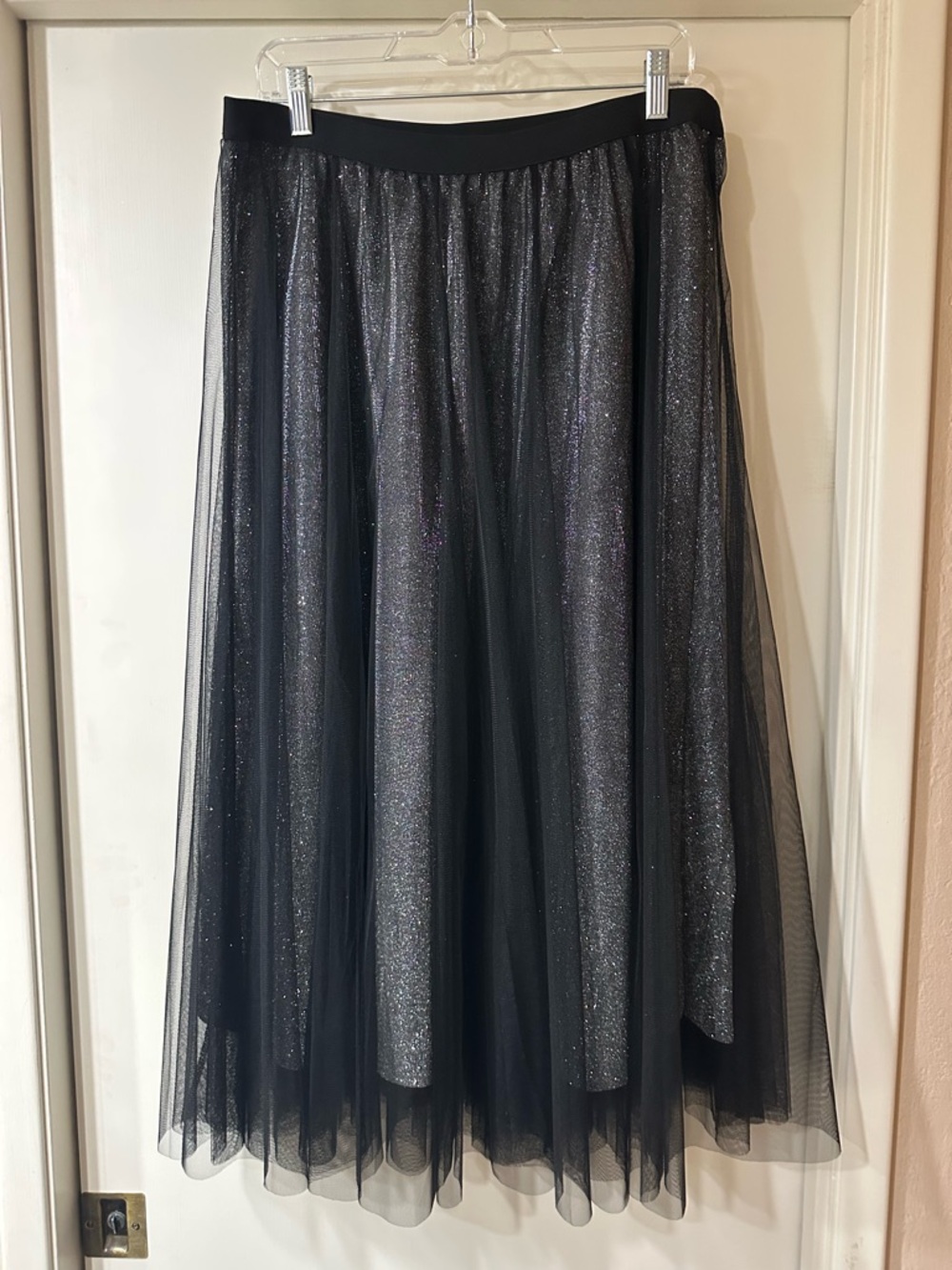Black Shimmer Tulle Maxi Skirt with Elastic Waist